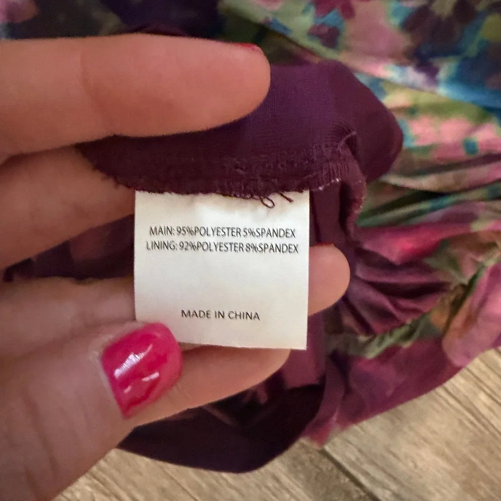 Showpo One Shoulder Ruched Mesh Midi Dress Floral Watercolor Purple Teal US 8 - Picture 6 of 7